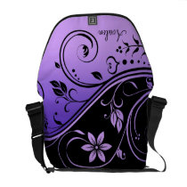 Black & Purple Floral Scroll Messenger Bag