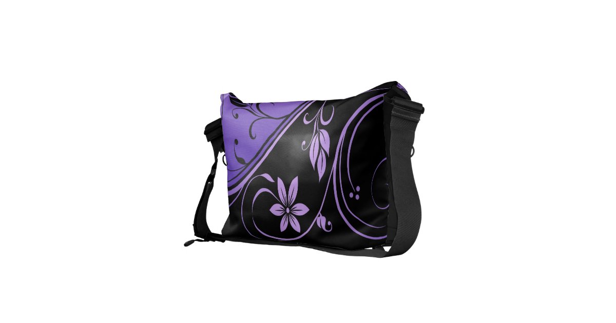 Black & Purple Floral Scroll Messenger Bag Zazzle
