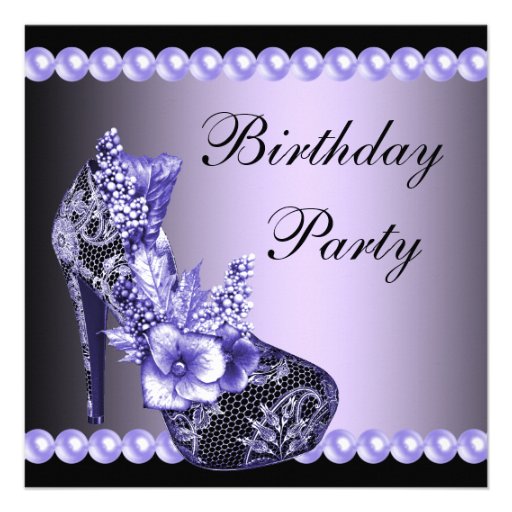 Black Purple High Heels Shoes Birthday Party Announcement (front side)