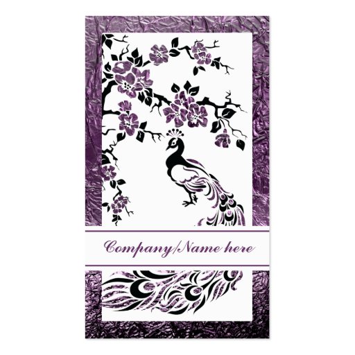 Black, purple peacock and cherry blossoms business card (front side)