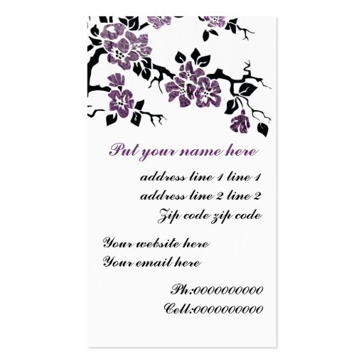 Black, purple peacock and cherry blossoms business card (back side)