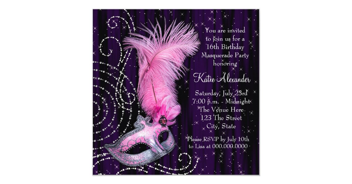 Black Purple Pink Sweet 16 Masquerade Party Card Zazzle