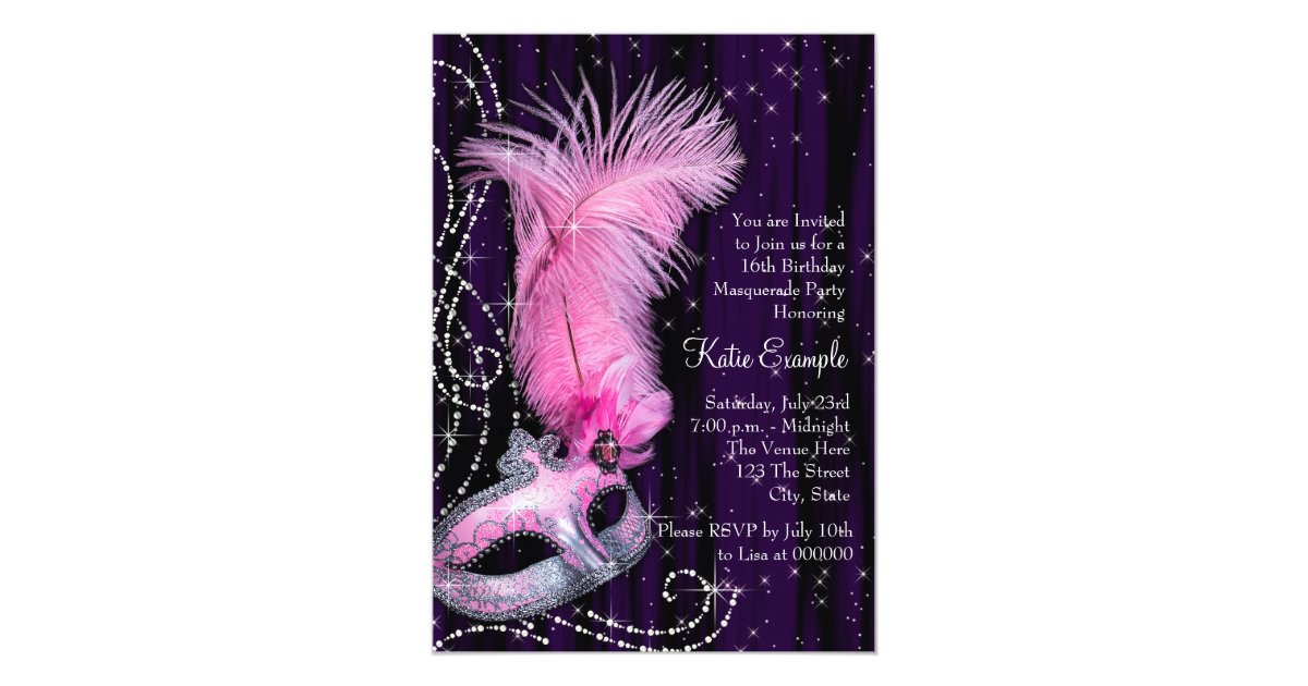 Black Purple Pink Sweet 16 Masquerade Party Card Zazzle