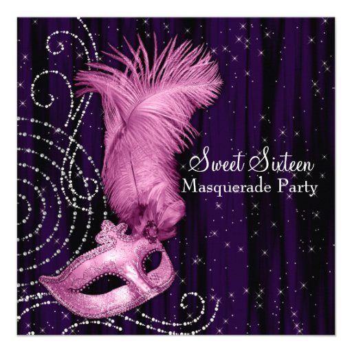 Black Purple Pink Sweet 16 Masquerade Party Personalized Invitations