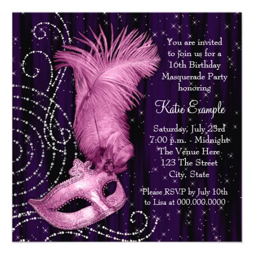 Black Purple Pink Sweet 16 Masquerade Party Personalized Invitations