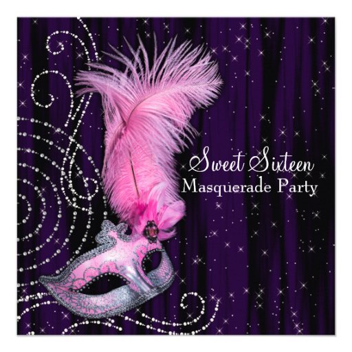 Black Purple Pink Sweet 16 Masquerade Party Invitations (front side)