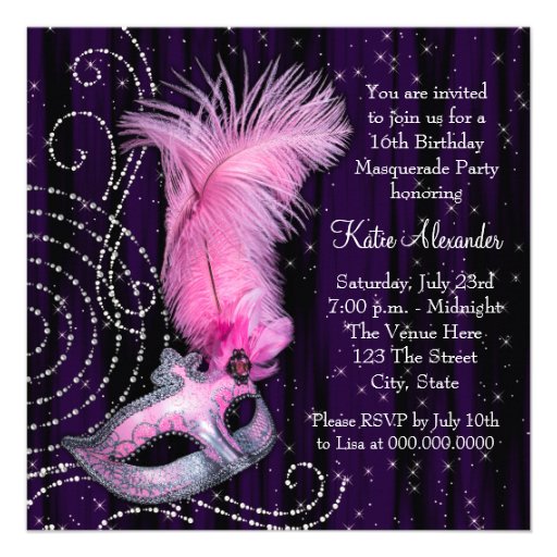 Black Purple Pink Sweet 16 Masquerade Party Invitations