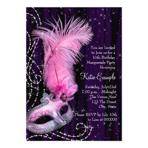 Black Purple Pink Sweet 16 Masquerade Party Announcement
