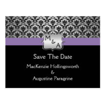Black Purple Silver Monogram Damask Save The Date Post Card