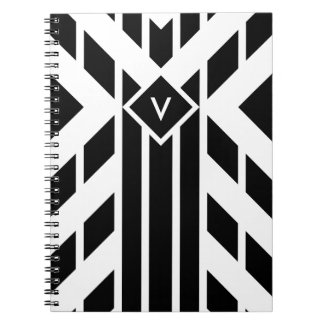 Black Quadrilateral Stripes on White with Monogram Spiral Note Books