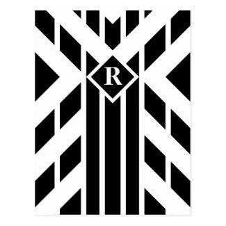 Black Quadrilateral Stripes on White with Monogram Postcard