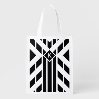 Black Quadrilateral Stripes on White with Monogram Grocery Bags