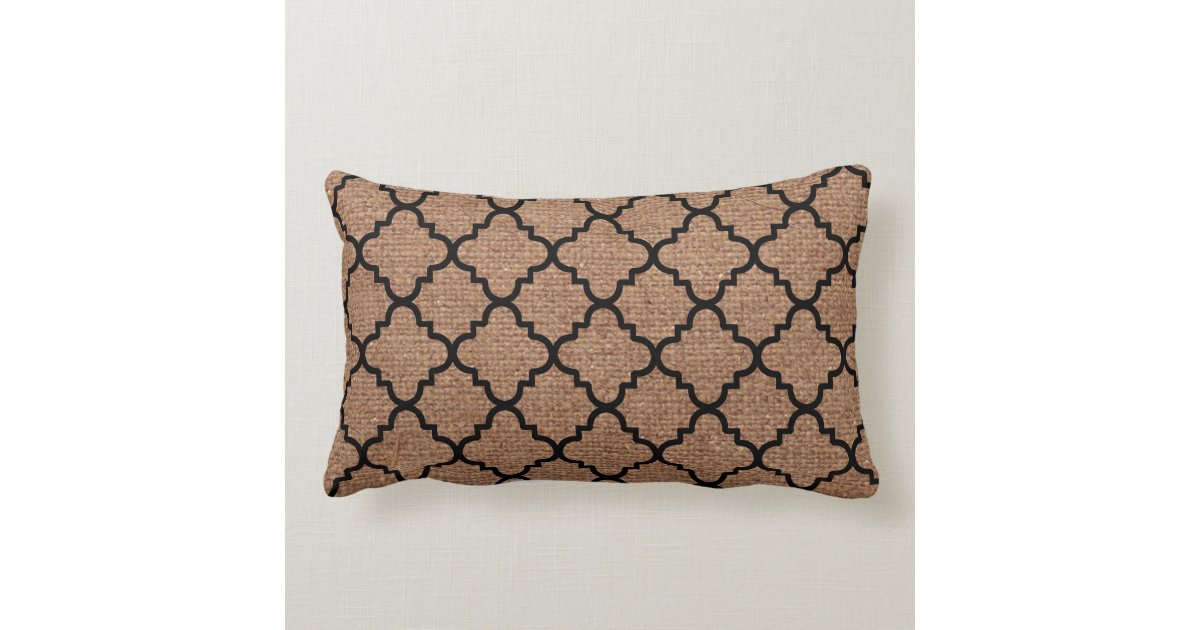 Black Quatrefoil on Rustic Burlap ? Shabby Chic Lumbar Pillow Zazzle