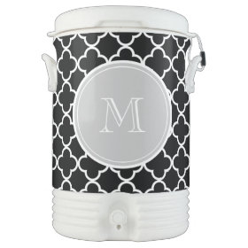 Black Quatrefoil Pattern, Gray Monogram Igloo Beverage Cooler