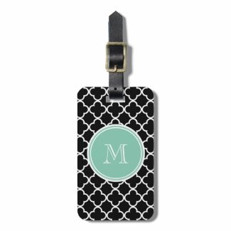 Black Quatrefoil Pattern, Mint Green Monogram Tag For Bags