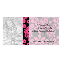 black raspberry red pink mod damask personalized photo card