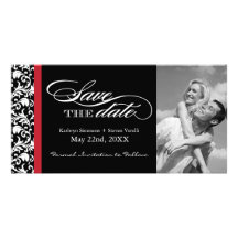 Black, Red and White Damask  Save The Date Photo Card Template