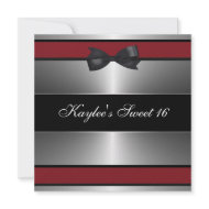 Black Red Bow Silver Sweet Sixteen Birthday invitation