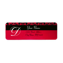 BLACK RED BURGUNDY  DAMASK MONOGRAM RETURN ADDRESS LABELS