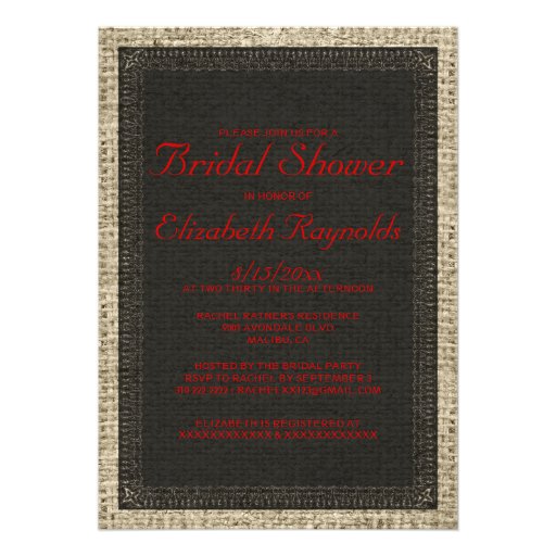 Black & Red Burlap Bridal Shower Invitations