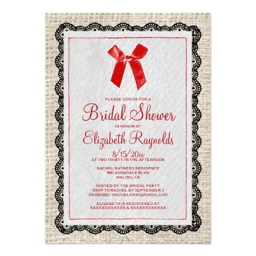 Black Red Country Burlap Bridal Shower Invitations