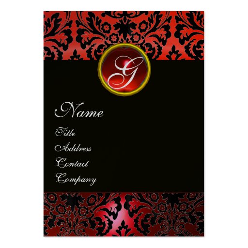 BLACK RED DAMASK MONOGRAM ,Ruby Silver Business Cards