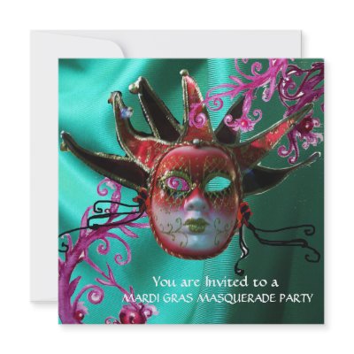 BLACK RED FUCHSIA JESTER MASK  Masquerade Ball Personalized Invites by bulgan_lumini