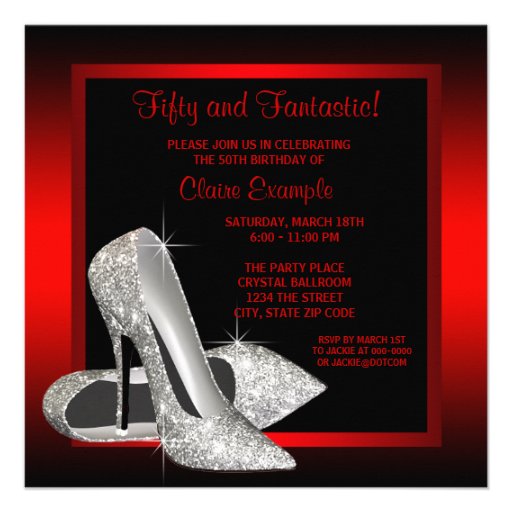 Black Red Glitter High Heels Womans 50th Birthday Custom Invite