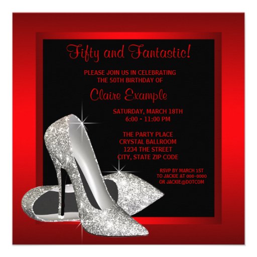 Black Red Glitter High Heels Womans 50th Brithday Custom Invitations