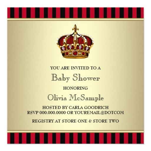 Black Red Gold Crown Little Prince Boy Baby Shower Invitation