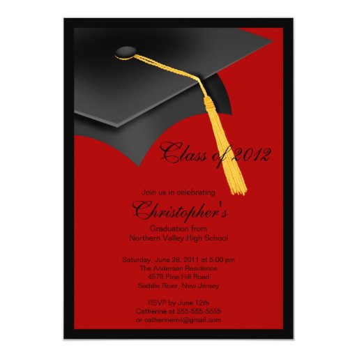 Black Red Grad Cap Graduation Party Invitation 