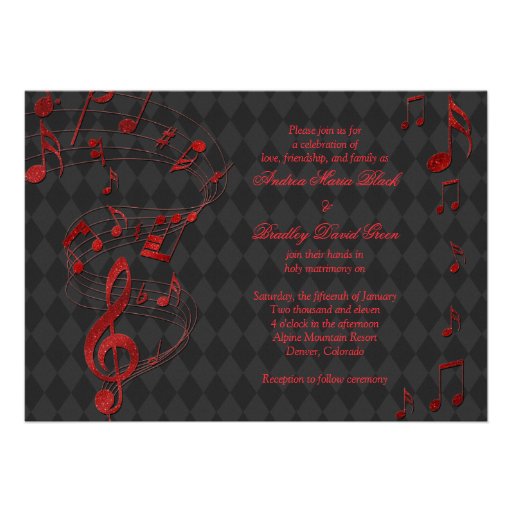 Black Red Harlequin Music Notes Wedding Invitation