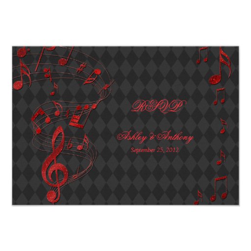 Black Red Harlequin Music Notes Wedding RSVP card Custom Announcements