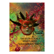 BLACK RED JESTER MASK Masquerade Party Blue Gold Custom Announcement