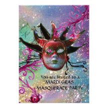 BLACK  RED JESTER MASK ,Masquerade Party Blue Invite