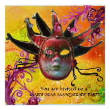 BLACK  RED JESTER MASK ,Masquerade Party Champagne Personalized Invitation