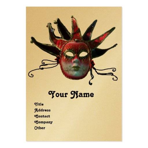 BLACK  RED JESTER MASK ,Masquerade Party Gold Business Card Templates (front side)