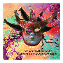 BLACK  RED JESTER MASK ,Masquerade Party Personalized Invite