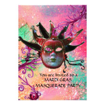 BLACK  RED JESTER MASK ,Masquerade Party Pink Personalized Invite