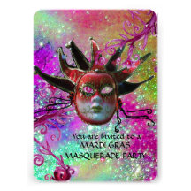 BLACK  RED JESTER MASK ,Masquerade Party Purple Personalized Invitation