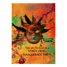 BLACK  RED JESTER MASK ,Masquerade Party Red Gold Custom Invitations