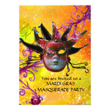 BLACK  RED JESTER MASK ,Masquerade Party Yellow Invitations