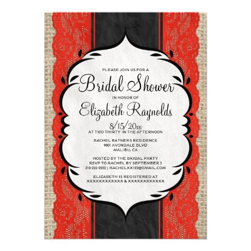 Black Red Linen Burlap Lace Bridal Shower Invites