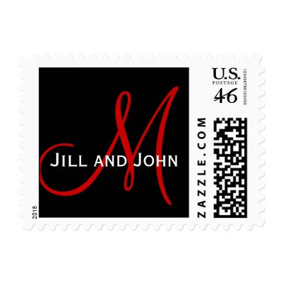 Black Red Monogram Names Wedding Postage