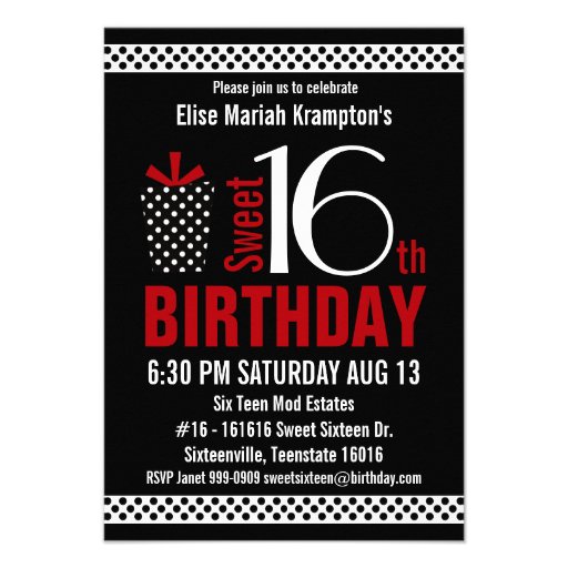 Black Red Polkadots Sweet 16 Birthday Invites (front side)