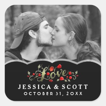 Black & Red Roses Love Wedding Photo Label Square Sticker by juliea2010 at Zazzle