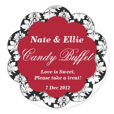 Black & red Scallop Damask Candy Buffet Sticker by CandyBuffet