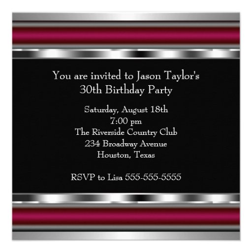 Black Red Silver Mans 30th Birthday Party Invitations