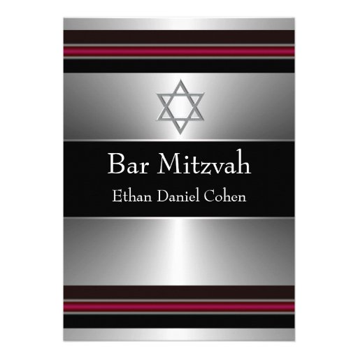 Black Red Silver Star of David Bar Mitzvah Custom Invite (front side)