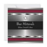 Black Red Star of David Bar Mitzvah Invites